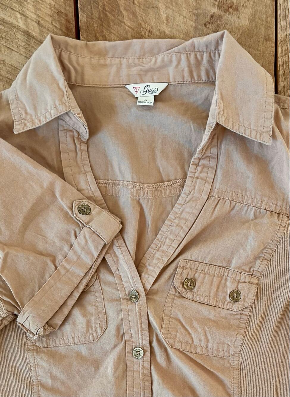 GUESS Women’s Tan Button Down V Neckline Shirt — SIZE S